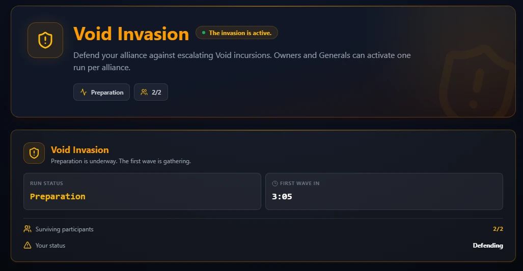 Void Invasion Preparation and Event Activation Interface